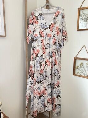 Baltic Born White Floral Wrap Maxi Dress with Pink & Blue Blooms